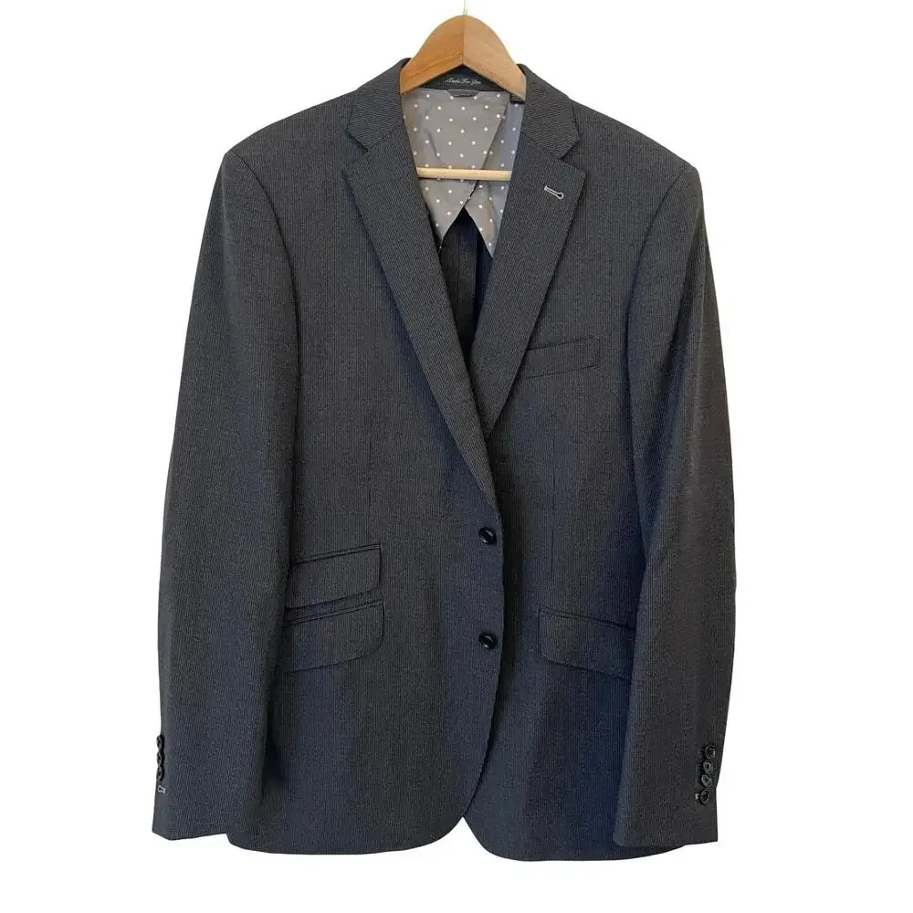 Indochino Mens Blazer Bespoke 43L Wool Stretch Charcoal‎ Pinstripe Surgeon Cuffs